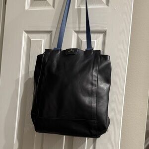 Sleek Black Leather Tote with Blue Straps